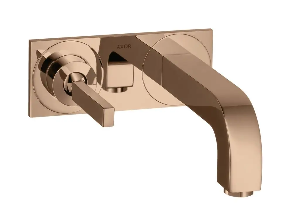 Ein Axor-Waschtischmischer für die Wandmontage mit einem Hebelgriff und einem 160 mm Auslauf in Polished Red Gold. Ideal für moderne Badezimmergestaltung.